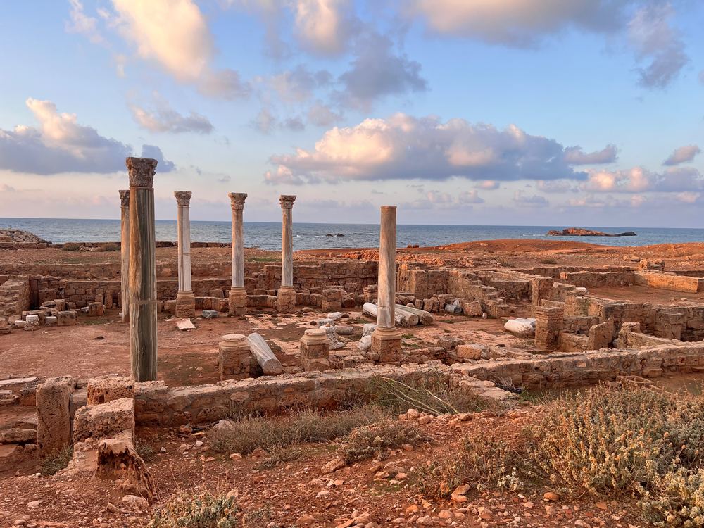 Marble columns of a Byzantine church at Apollonia, with the Mediterranean behind